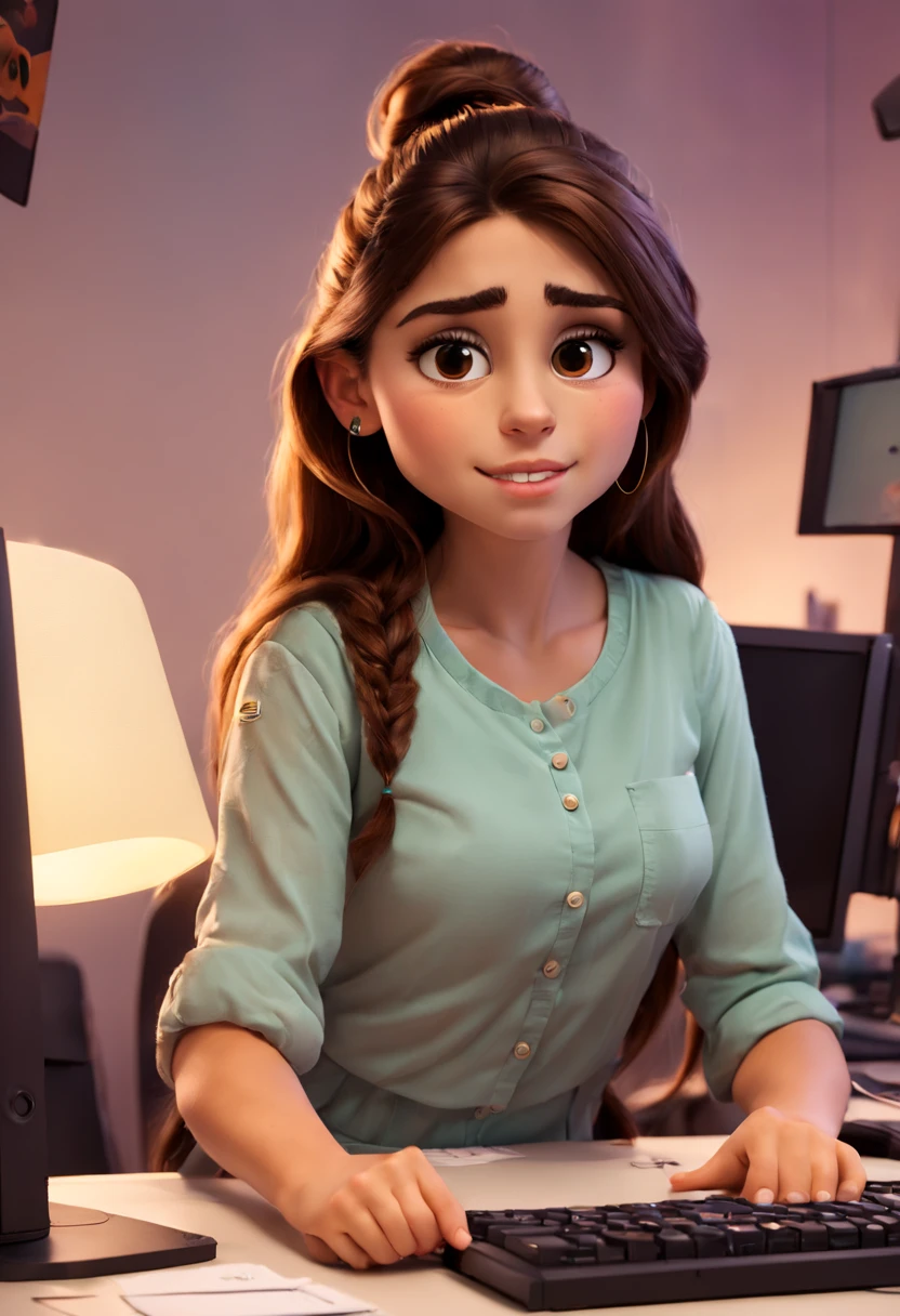 (a 23-year-old woman),(brown hair),(brown eyes),(working in front of a computer),(Pixar and Disney inspired),(vibrant colors),(soft lighting)