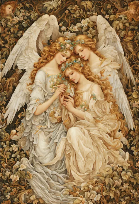 among the lush forest tapestry, charming angels with beautiful faces decorate the landscapes, divine light pours from heaven, th...