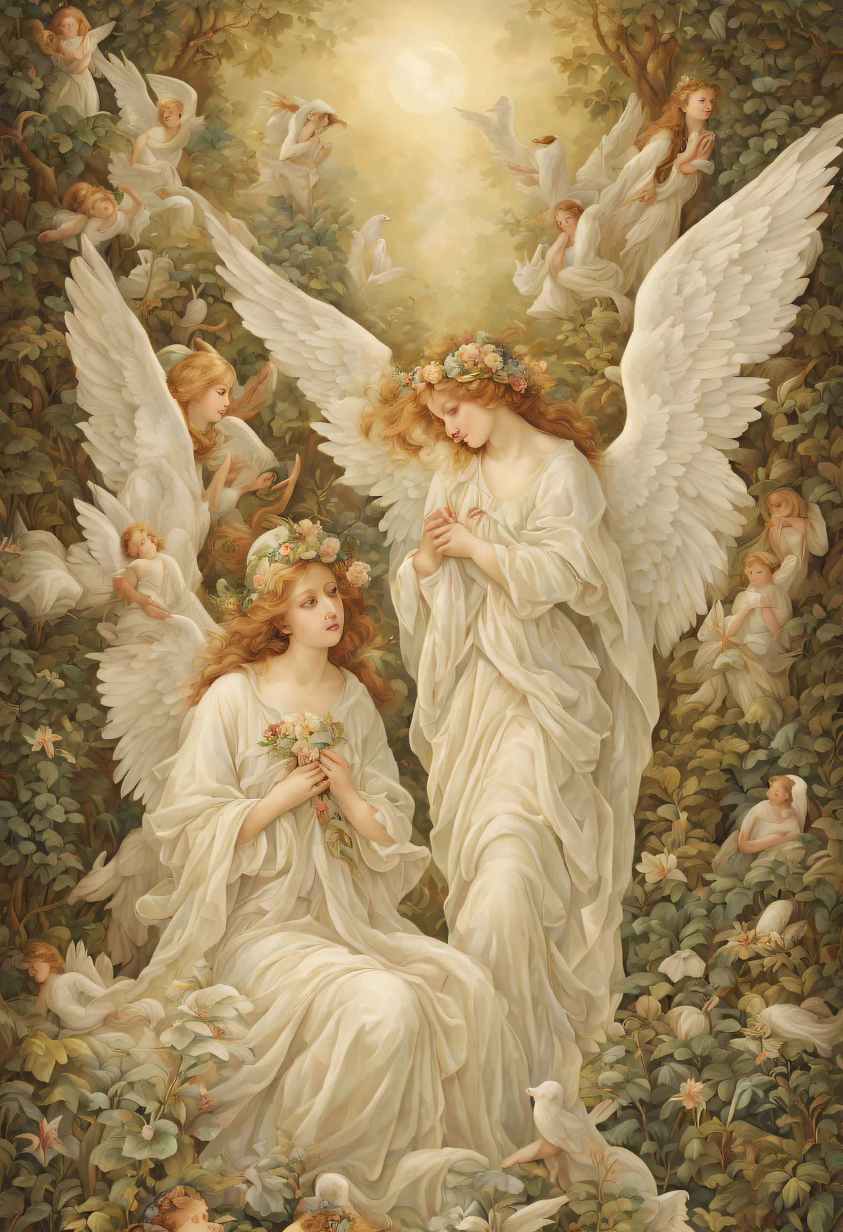 Among the lush forest tapestry, charming angels decorate the landscapes and divine light pours from heaven, there is a divine atmosphere around. Shrouded in bright plumage, Renaissance Angels Meet Curious Animal Companions, fits seamlessly into this mesmerizing depiction of the harmonious connection between angels and wildlife.