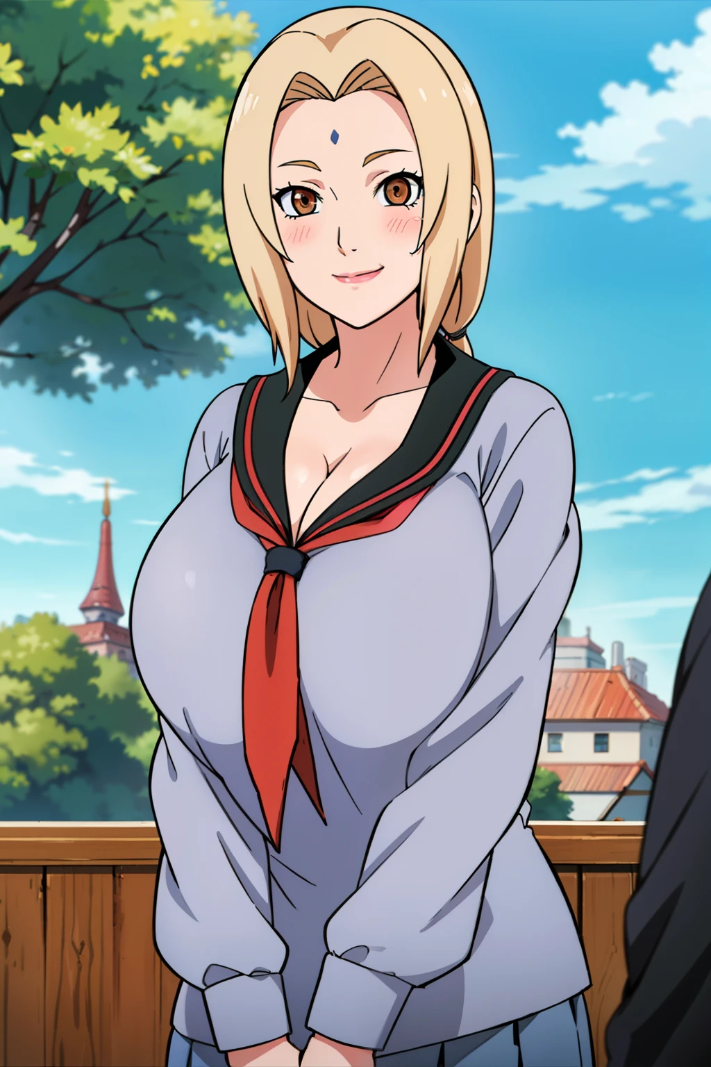 best quality, high resolution, 1girl, (huge breasts:1.2), Tsunade, blonde hair, brown eyes, mature female, white , serafuku, red tie, blue pleated skirt, blush, embarrassed, smile, cowboy shot, outdoors