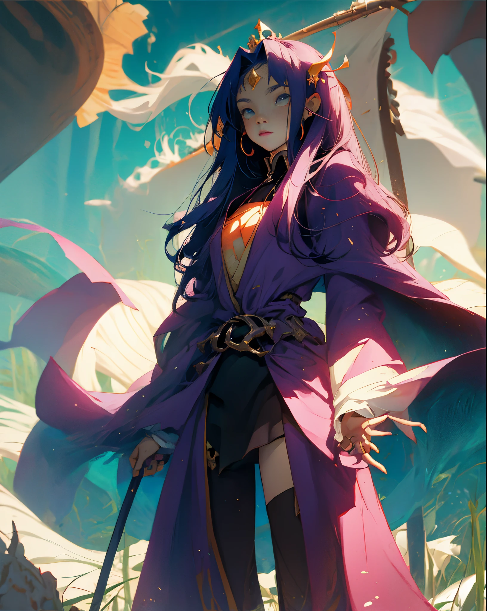 A woman in a purple coat holding a sword and a sword - SeaArt AI