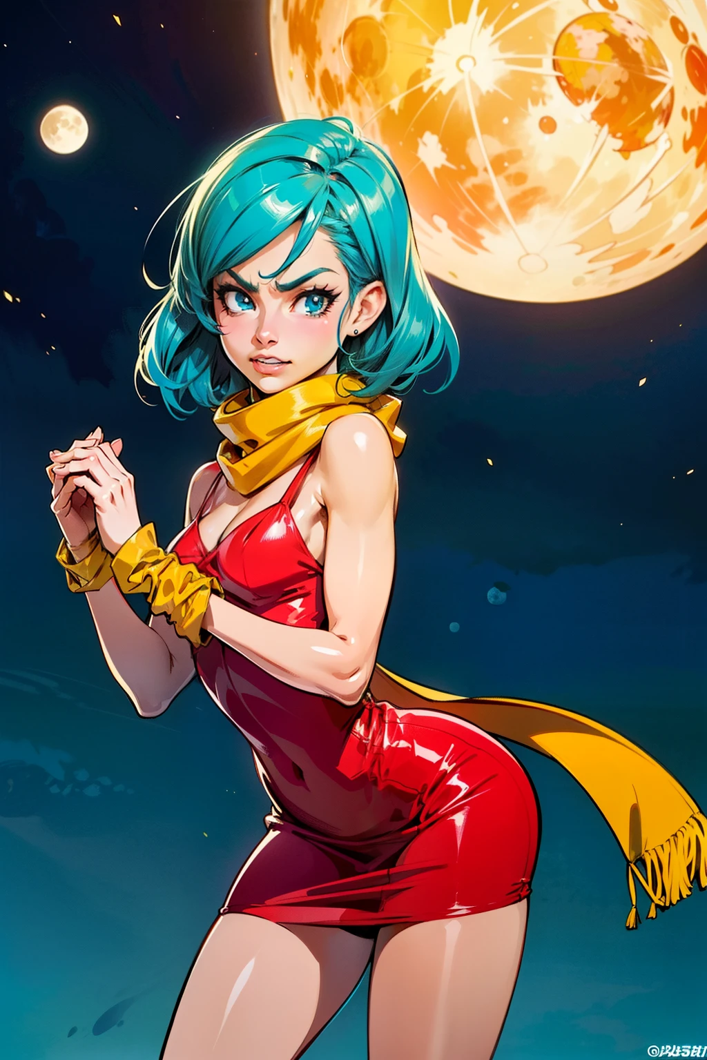 Waifu, masterpiece, curvy, breasts, moon, full moon, gloves, 1girl, clenched teeth, bulma, cleavage, large breasts, teeth, aqua hair, ((small yellow scarf:1.4)), blue eyes, rating:explicit,rule34, hardcore, tits,clenched hands, night, sky, ((red dress:1.4)), bare shoulders, blue hair, clenched hand, rating:questionable, (((hairtype 4C:1.5))), solo, angry, lip biting(gigantic and massive tits:1.1), breasts, official illustration, illustration, detailed face, beautiful intricate eyes, curvy milf, 1:2), closeup, titsnipples