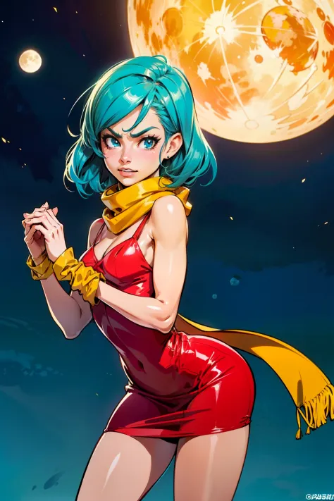 Waifu, masterpiece, curvy, breasts, moon, full moon, gloves, 1girl, clenched teeth, bulma, cleavage, large breasts, teeth, aqua ...