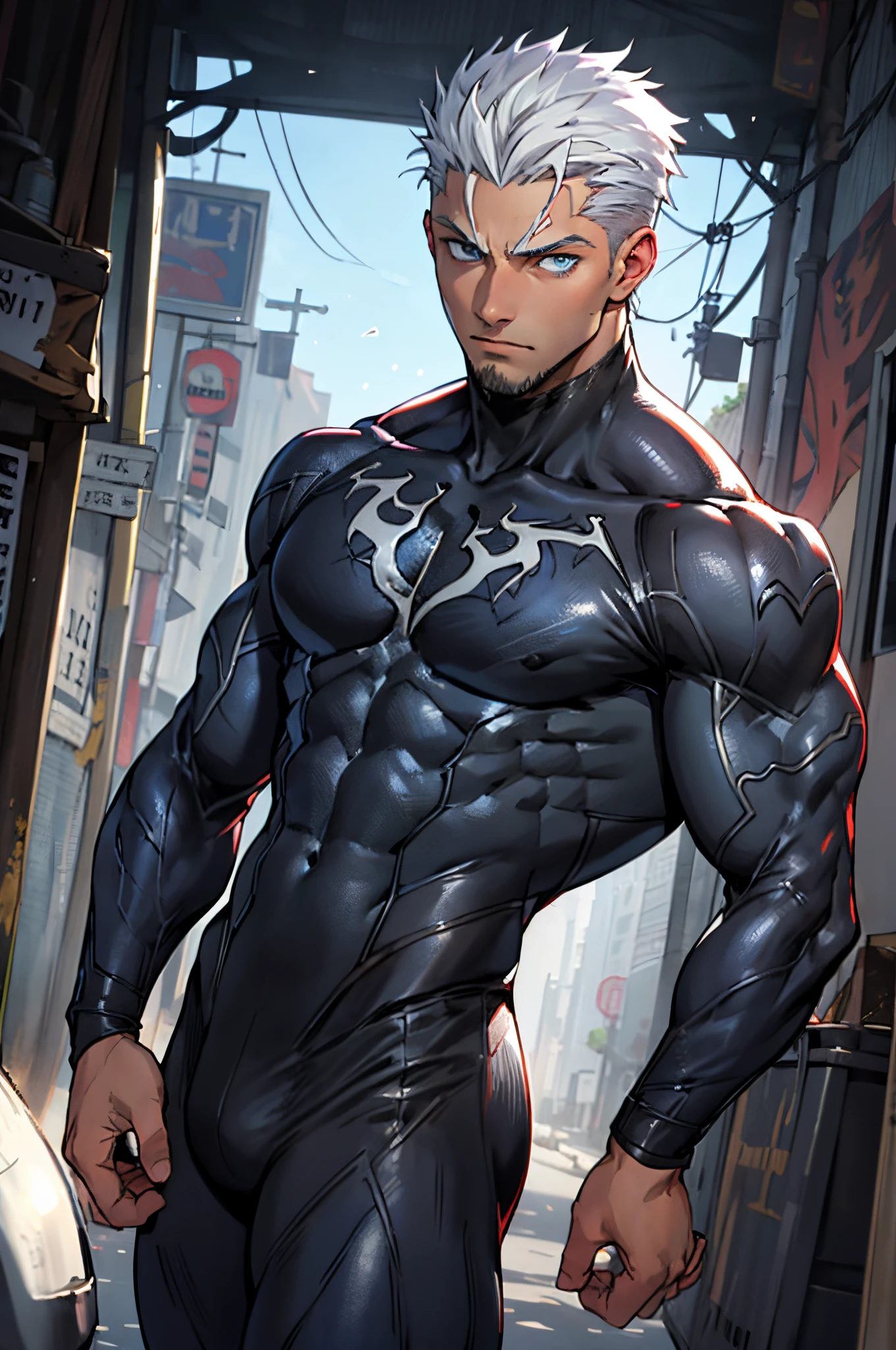 young muscular male, masterpiece, intricate details, upper body, best quality, eye focus, silver hair, manly, stubble, venom, symbiote,(emiya_shiro:1.2),dark skin, 1boy, (symbiote full bodysuit:1.1), eye focus, face, detailed eyes, symbiote skin tight, blue eyes, full body,