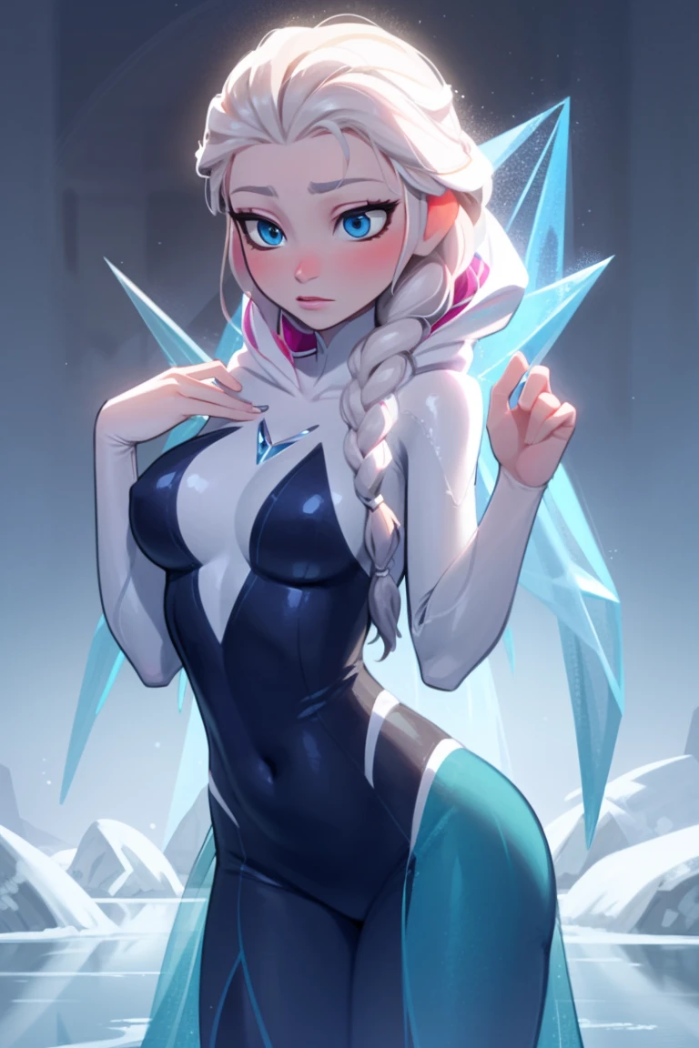 Elsa d&#39;Arendelle wearing Déguisement de Spidergwen, Déguisement de Spidergwen, costume bleu glacé, tresser, Oreilles humaines, Elsa d&#39;Arendelle, Elsa d&#39;Arendelle, robe de glace bleue, single tresser, Combinaison à capuche