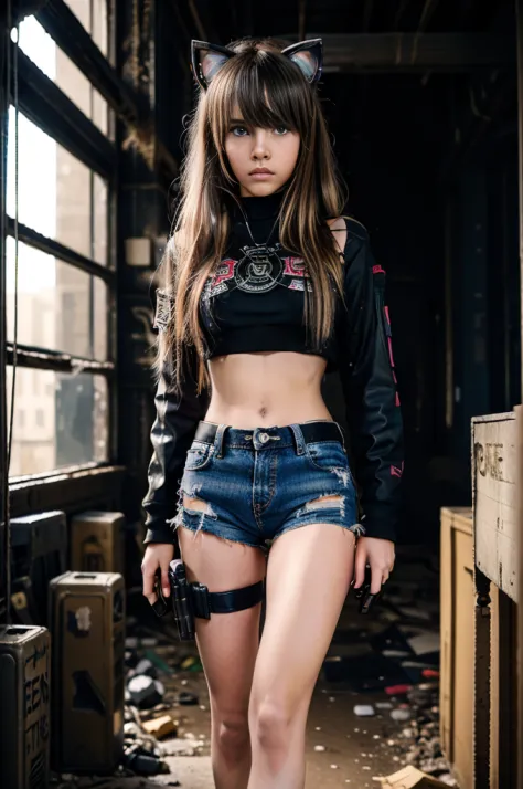 13 year old girl, patches with radioactive emblems, in a apocalyptic ruin with guns next to them, cyberpunk helmets next to them...