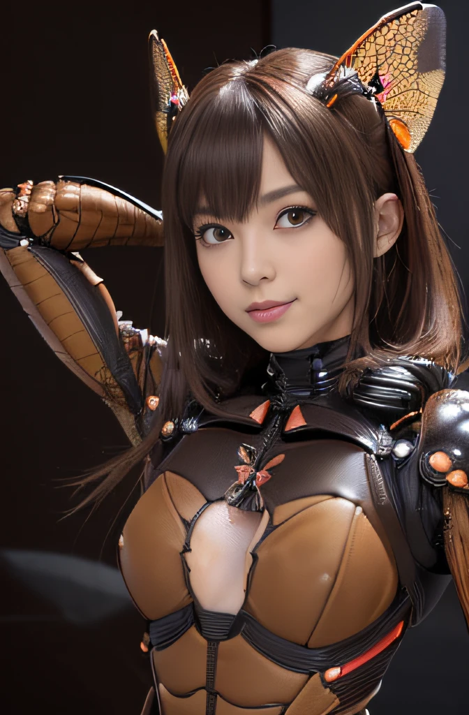 (high resolution,masterpiece,best quality,extremely detailed CG, anime, official art:1.4), realistic, photo, amazing fine details, all intricate, gloss and shiny,awesome many layers, 8k wall paper, 3d, sketch, kawaii, illustration,( solo:1.4), perfect female proportion,villainess, (fusion of dark brown cockroach and lady:1.4), (brown cockroach form lady:1.2), (brown cockroach lady:1.2), (fusion:1.2), (solo:1.4), (evil smile:1.2), muscular, abs, (cockroach brown exoskeleton bio insect suit:1.4), (cockroach brown exoskeleton bio insect armor:1.2), (brown transparency cockroach wing:1.4), (brown cockroach antennae:1.3),