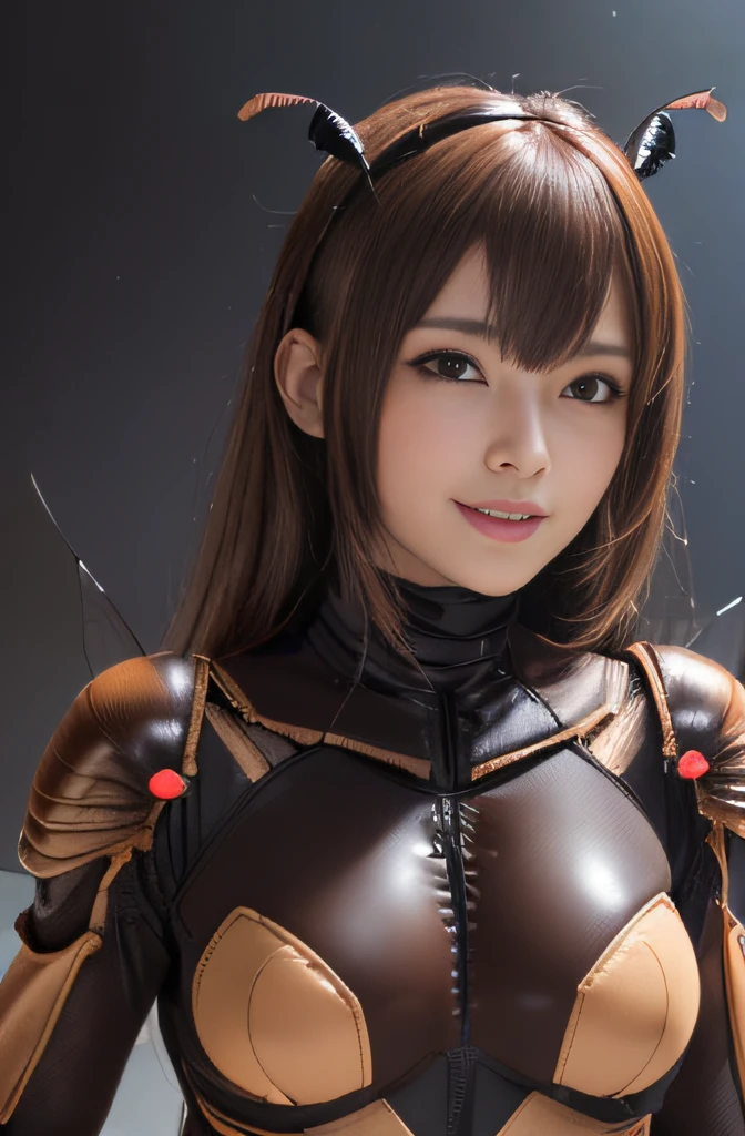 (high resolution,masterpiece,best quality,extremely detailed CG, anime, official art:1.4), realistic, photo, amazing fine details, all intricate, gloss and shiny,awesome many layers, 8k wall paper, 3d, sketch, kawaii, illustration,( solo:1.4), perfect female proportion,villainess, (fusion of dark brown cockroach and lady:1.4), (brown cockroach form lady:1.2), (brown cockroach lady:1.2), (fusion:1.2), (solo:1.4), (evil smile:1.2), muscular, abs, (cockroach brown exoskeleton bio insect suit:1.4), (cockroach brown exoskeleton bio insect armor:1.2), (brown transparency cockroach wing:1.4), (brown cockroach antennae:1.3),