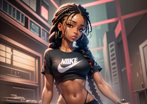 generate attractive black woman with braided hair, with langerie on her thigh and nike shirt, messy dark room with red light and...