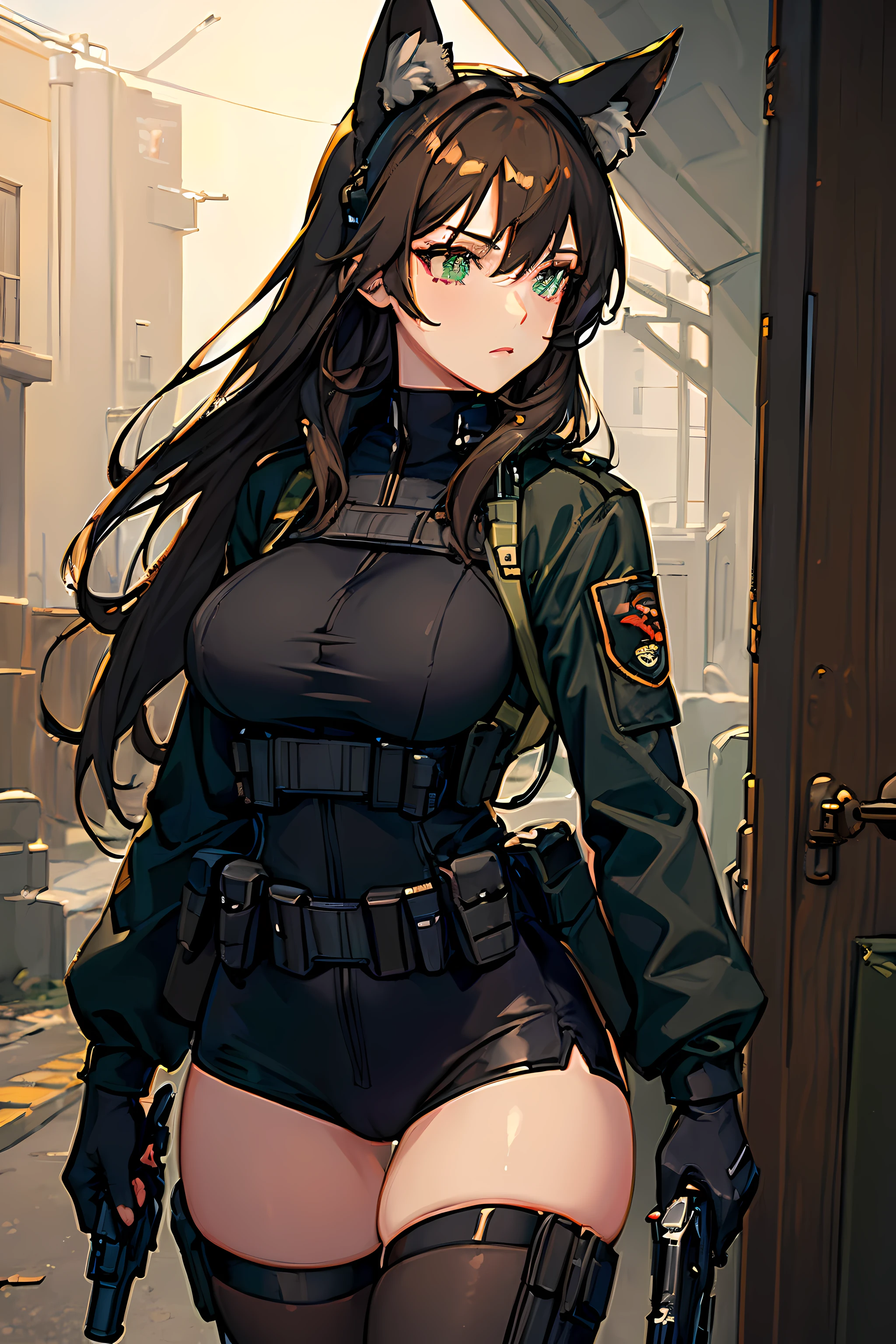 (Masterpiece: 1.5), (Best Quality: 1.5), (Perfect Eyes), (Perfect Face), 1 Woman, Mature Woman, Fox ears, Fox tail, green eyes, dark brown hair, big breasts, tactical gear, gun, spandex black shorts, tactical jacket, headset, gloves,