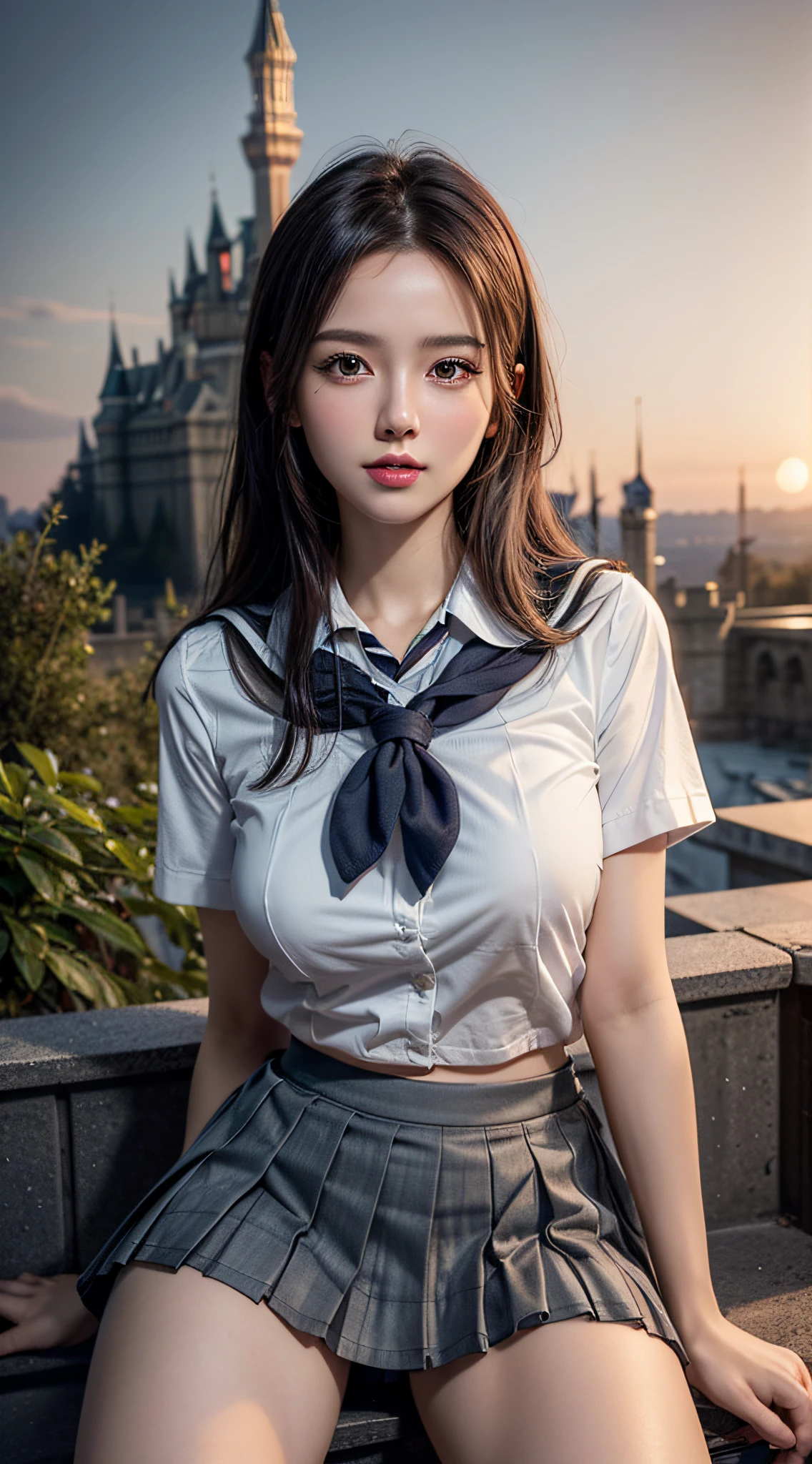 (Best Quality:1.4), (hyper quality), (Ultra-detailed), 1 beautiful girl, Extremely cute, Amazing face and eyes, (school uniform, pleated mini skirt:1.5), (beautiful breasts:1.1), (slender body:1.1), Authentic skin texture, bright and shiny lips, Beautiful Goddess Advent, (sitting, spread legs open), (pubick hair:1.3), Beautiful background, Golden ratio, conceptual art, Super Detail, ccurate, high details, Outdoors, (Beautiful Giant Castle:1.5), Sexy Art, Surrounded by beautiful sunsets, dazzling lights, Super delicate illustration details, Highly detailed CG integrated 8k wallpapers, RAW Photos, professional photograpy, Cinematic lighting, Super gorgeous illustrations, depth of field,