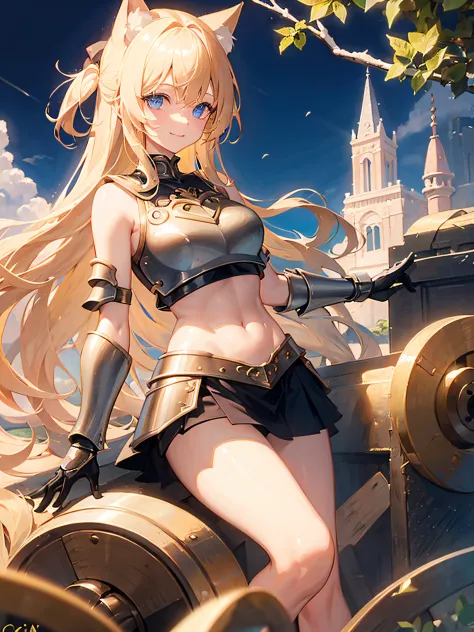 1 girl, long blond hair, blue eyes, cat ears, cat tail, wearing a golden crop top chest armor, armor skirt, sky, clouds, looking...