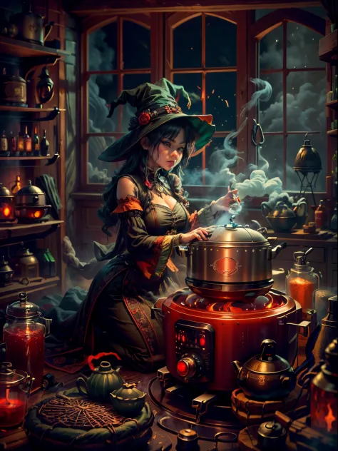 Weird and seductive witch in her alchemist&#39;s room, Perform alchemical magic with a steaming rice cooker filled with green gl...