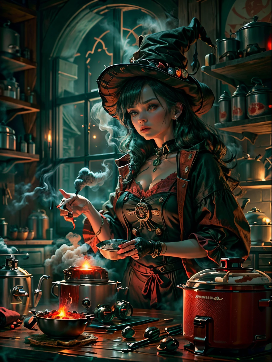 Seltsame und verführerische Hexe in ihrem Alchemistenkostüm&#39;s Zimmer, Führen Sie alchemistische Magie mit einem dampfenden Reiskocher durch, der mit grün leuchtendem Rauch gefüllt ist, Unheimlicher Nachthintergrund mit Vollmond und Fensteransicht, Im traditionellen Hexenkostüm gekleidet，((Der seltsame und unheimliche Reiskocher ist mit roter Flüssigkeit gefüllt))，(UHD, Meisterwerk, genau, anatomisch korrekt, Strukturierte Haut, Super Detail, hohe Details, gute Qualität, preisgekrönt, beste Qualität, 16k)