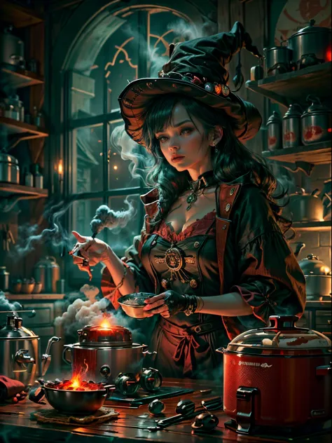 Weird and seductive witch in her alchemist&#39;s room, Perform alchemical magic with a steaming rice cooker filled with green gl...