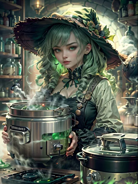 Weird and seductive witch in her alchemist&#39;s room, Perform alchemical magic with a steaming rice cooker filled with green gl...