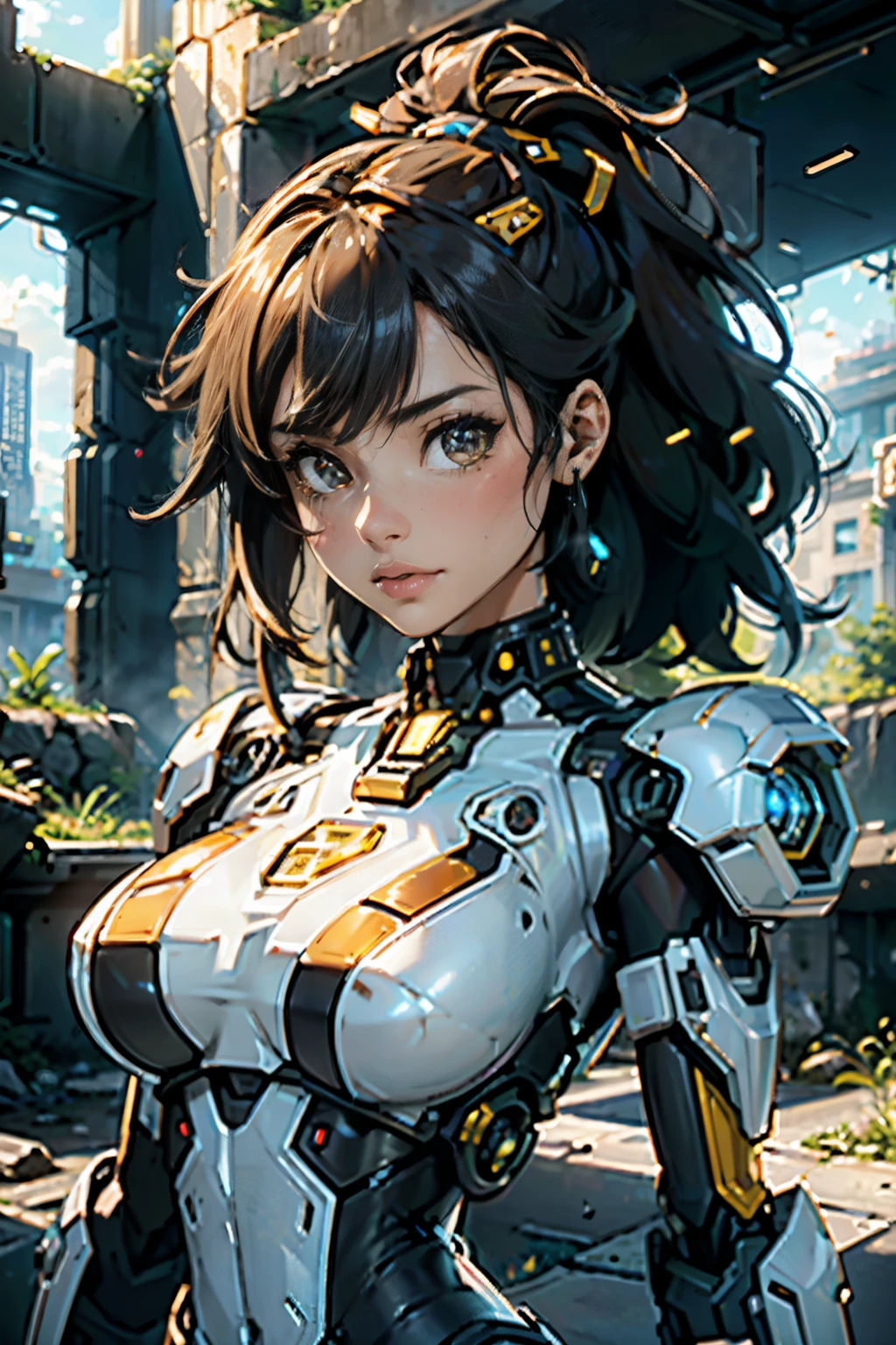 ((Best quality)), ((masterpiece)), (highly detailed:1.3), 3D,Shitu-mecha, beautiful cyberpunk women with her mecha in the ruins of city from a forgoten war, ancient technology,HDR (High Dynamic Range),Ray Tracing,NVIDIA RTX,Super-Resolution,Unreal 5,Subsurface scattering,PBR Texturing,Post-processing,Anisotropic Filtering,Depth-of-field,Maximum clarity and sharpness,Multi-layered textures,Albedo and Specular maps,Surface shading,Accurate simulation of light-material interaction,Perfect proportions,Octane Render,Two-tone lighting,Low ISO,White balance,Rule of thirds,Wide aperature,8K RAW,Efficient Sub-Pixel,sub-pixel convolution,luminescent particles,light scattering,Tyndall effect