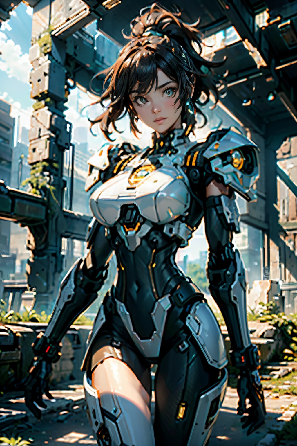 ((Best quality)), ((masterpiece)), (highly detailed:1.3), 3D,Shitu-mecha, beautiful cyberpunk women with her mecha in the ruins of city from a forgoten war, ancient technology,HDR (High Dynamic Range),Ray Tracing,NVIDIA RTX,Super-Resolution,Unreal 5,Subsurface scattering,PBR Texturing,Post-processing,Anisotropic Filtering,Depth-of-field,Maximum clarity and sharpness,Multi-layered textures,Albedo and Specular maps,Surface shading,Accurate simulation of light-material interaction,Perfect proportions,Octane Render,Two-tone lighting,Low ISO,White balance,Rule of thirds,Wide aperature,8K RAW,Efficient Sub-Pixel,sub-pixel convolution,luminescent particles,light scattering,Tyndall effect