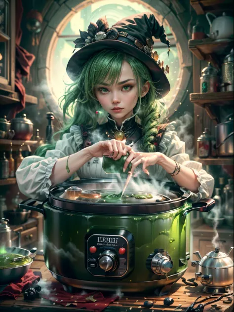 Weird and seductive witch in her alchemist&#39;s room, Perform alchemical magic with a steaming rice cooker filled with green gl...