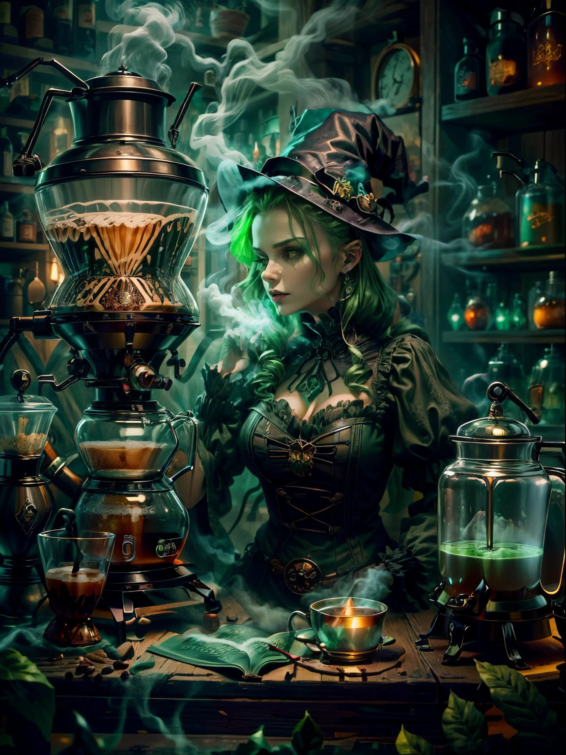 Seltsame und verführerische Hexe in ihrem Alchemistenkostüm&#39;s Zimmer, Führen Sie alchemistische Magie mit einer dampfenden Kaffeemaschine durch, die mit grün leuchtendem Rauch gefüllt ist, Unheimlicher Nachthintergrund mit Vollmond und Fensteransicht, Im traditionellen Hexenkostüm gekleidet，((Die seltsame und unheimliche Kaffeemaschine ist mit grüner Flüssigkeit gefüllt))，(UHD, Meisterwerk, genau, anatomisch korrekt, Strukturierte Haut, Super Detail, hohe Details, gute Qualität, preisgekrönt, beste Qualität, 16k)