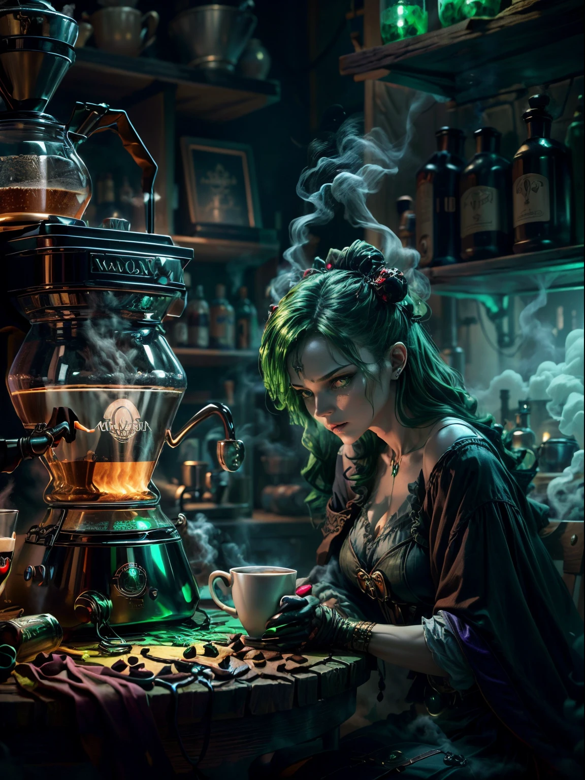 Seltsame und verführerische Hexe in ihrem Alchemistenkostüm&#39;s Zimmer, Führen Sie alchemistische Magie mit einer dampfenden Kaffeemaschine durch, die mit grün leuchtendem Rauch gefüllt ist, Unheimlicher Nachthintergrund mit Vollmond und Fensteransicht, Im traditionellen Hexenkostüm gekleidet，((Die seltsame und unheimliche Kaffeemaschine ist mit grüner Flüssigkeit gefüllt))，(UHD, Meisterwerk, genau, anatomisch korrekt, Strukturierte Haut, Super Detail, hohe Details, gute Qualität, preisgekrönt, beste Qualität, 16k)