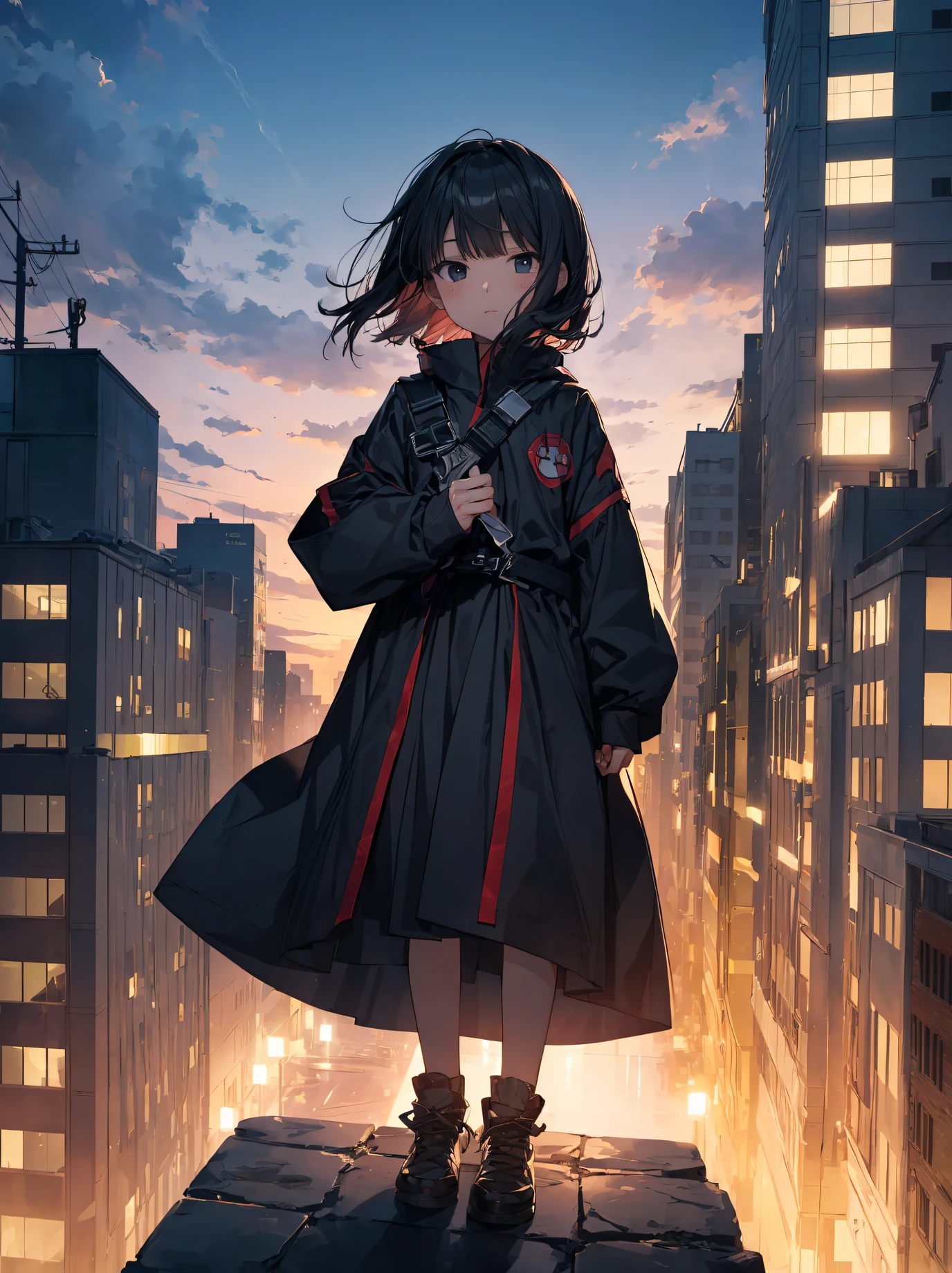 Ninjas are... cool and... fast.！God quality,  anime moe artstyle,best anime 8k konachan wallpaper,badass anime 8k,perfect anatomy, (Please draw a picture of a ninja girl looking down on the city from the rooftop.)from diagonally above,dutch angle,break, 1girl is ninja, (Solo,Loli,child,13-year-old:1.3), androgynous charm, (Very Short hair), blunt bangs, Full limbs, complete fingers,flat chest, Small butt, groin, Small eyes,finely 8k detailed beautiful black eyes, stand on the skyscraper rooftop. break,ultra-detailed,high resolution,super detailed skin, professional lighting, (cool  illustration:1.2),