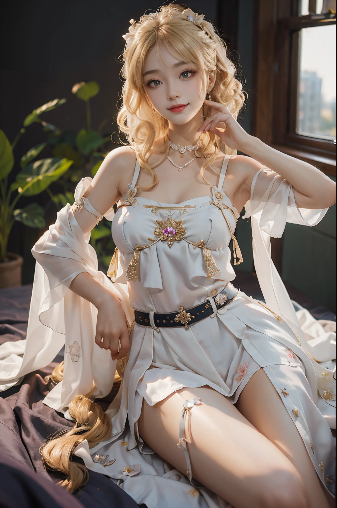 ((current)), A young girl, beuaty girl, Beauty in period costume, Hanfu, Draped in silk, Flower, high-waist, nice belt, cropped shoulders, Slim, Slimming the waist, high-heels, the shy, grinning smile, ear nipple ring、choker necklace、hair pin，heavy  makeups，Gorgeous eye makeup，Extremely beautiful eyes, coiffed blonde hair, curlies, long and flowing hair, early evening, eventide, inside in room, Pose for photos in bed, Lift the skirt, Pose gracefully, Random shooting angle, warmly lit, Warm color palette, profesional lighting, Photon Mapping, Radio City, physically-based renderingt, RAW photogr, Best quality at best, beauitful face, Beautiful skins， Attractive， Ultra-high resolution， ultra real photo