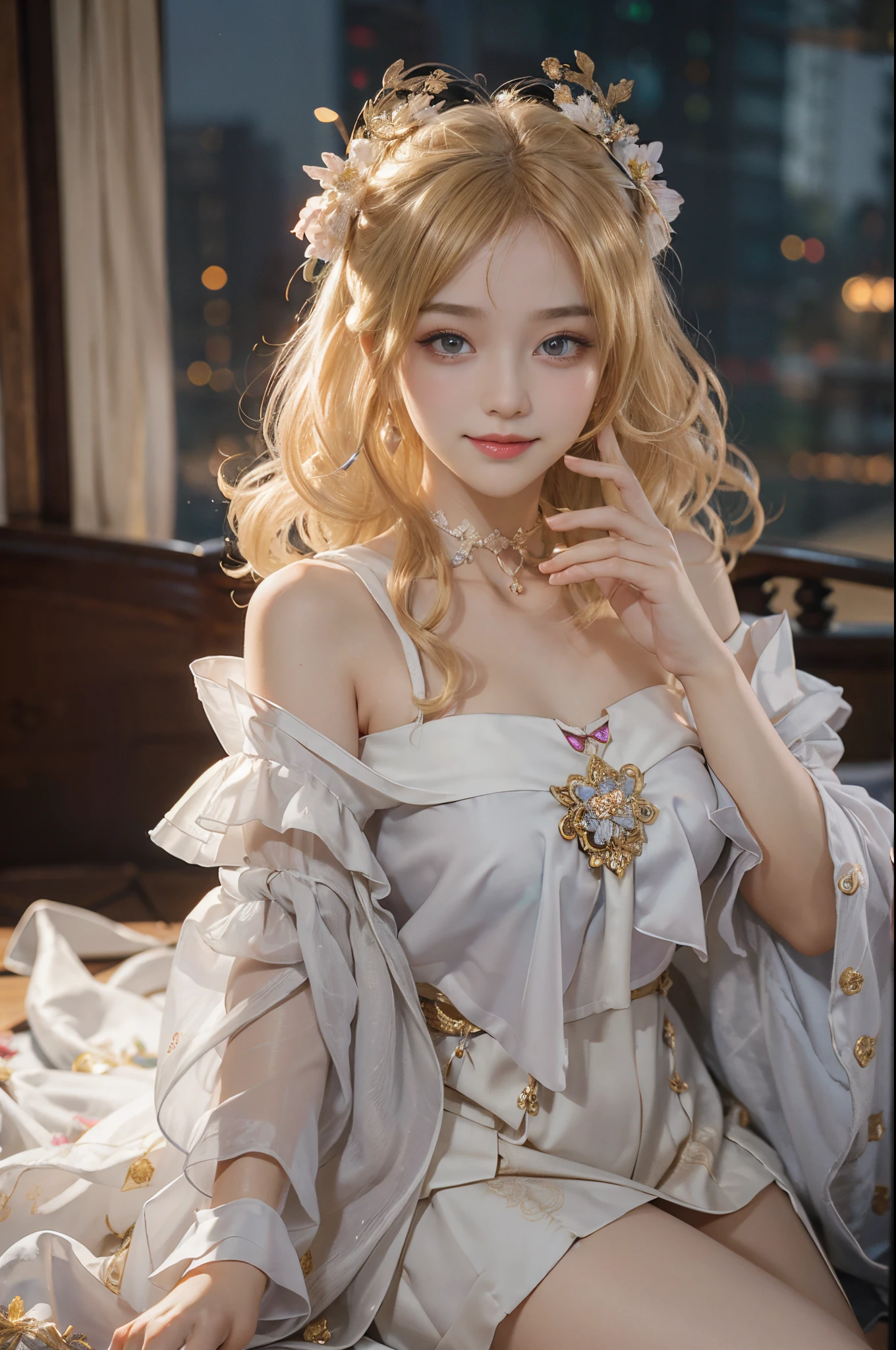 ((actual)), A young girl, beuaty girl, Beauty in period costume, Hanfu, Draped in silk, Flower, high-waist, nice belt, cropped shoulders, Slim, Slimming the waist, high-heels, the shy, grinning smile, ear nipple ring、choker necklace、hair pin，heavy  makeups，Gorgeous eye makeup，Extremely beautiful eyes, coiffed blonde hair, curlies, long and flowing hair, early evening, eventide, inside in room, Pose for photos in bed, Lift the skirt, Pose gracefully, Random shooting angle, warmly lit, Warm color palette, profesional lighting, フォトンマッピング, Radio City, physically-based renderingt, RAW photogr, Best quality at best, beauitful face, Beautiful skins， Attractive， 超高分辨率， ultra real photo