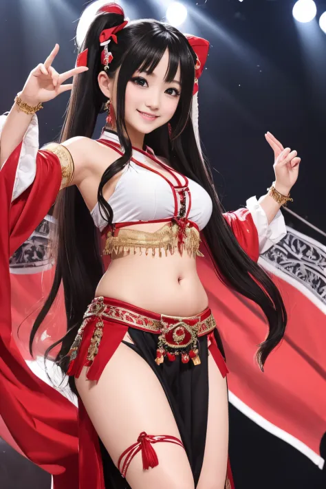 one girls、long twintail, Show white teeth and smile, A dark-haired, Black eyes、big red ribbon、Big、belly dancer、dance、Festival Background、No missing fingers or toes