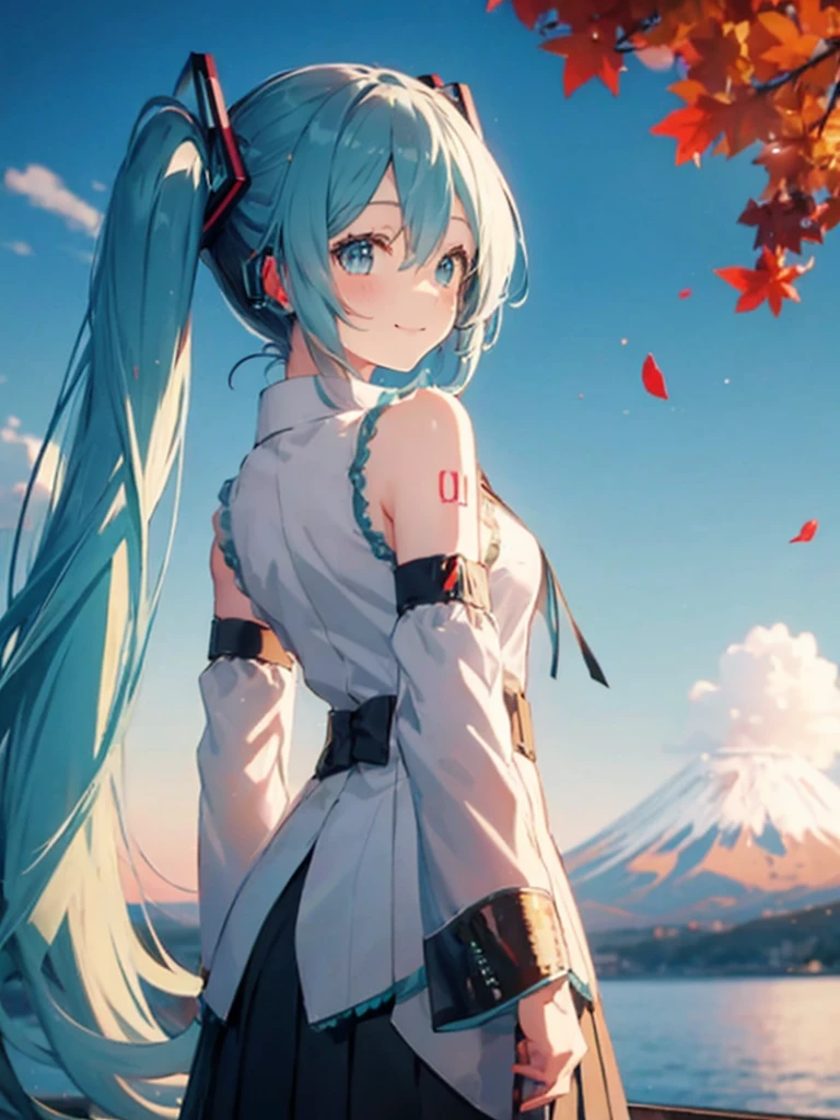 Hatsune Miku looks back、A smile、Mt fuji、Five-storied Pagoda、Colored leaves、full body Esbian、