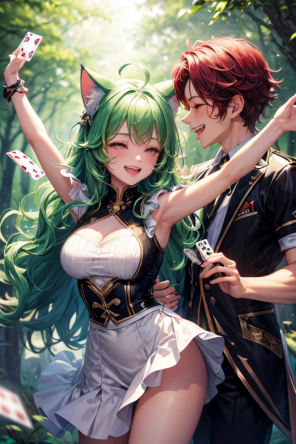 Anime couple dressed in costumes playing cards in the woods - SeaArt AI