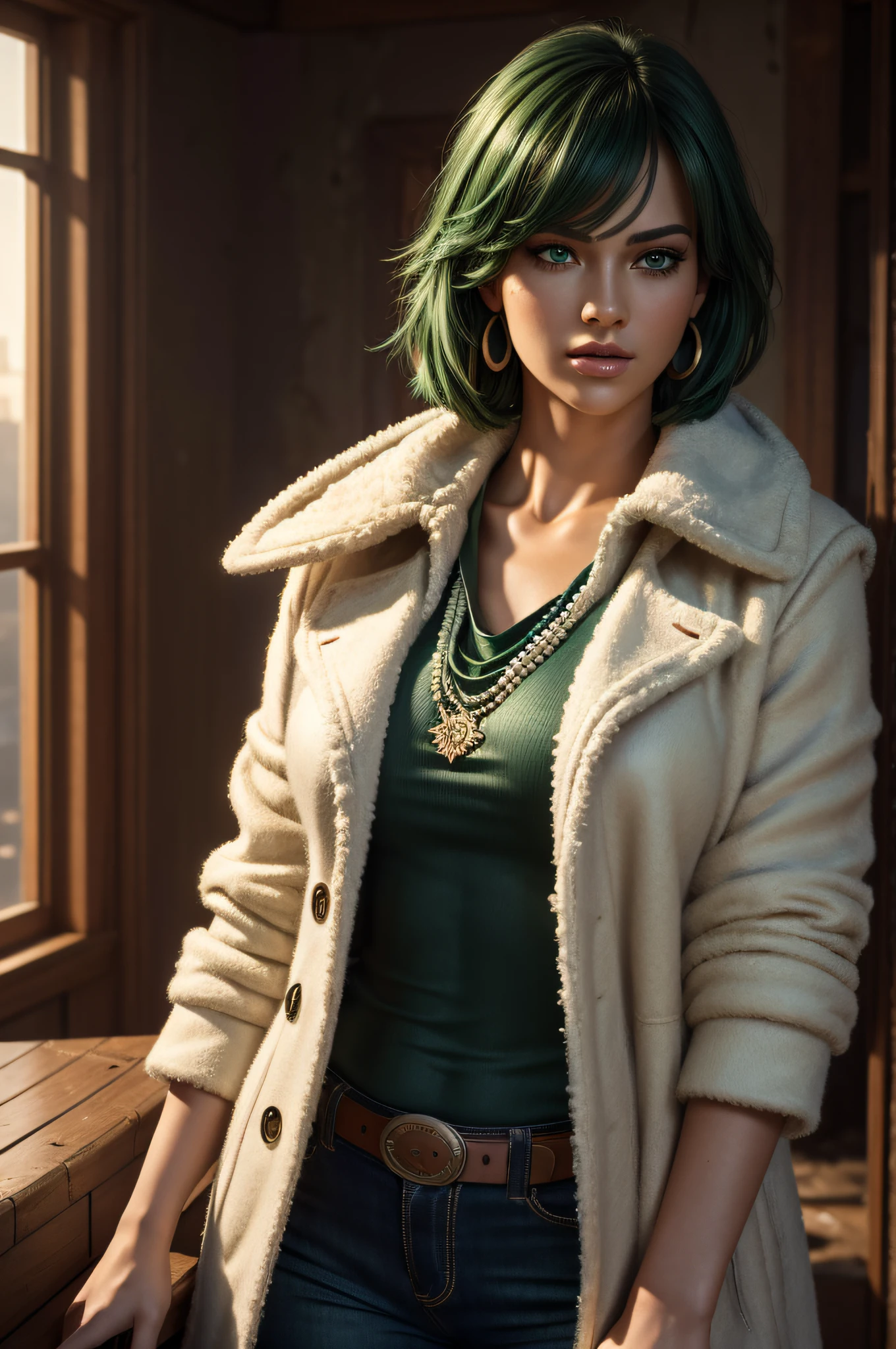 ((masterpiece)), ((best quality)), ((super quality)), ((best quality CG wallpaper)), wide shooting angle, (digital painting:1.4), beautiful woman, green hair, pearl necklace, green eye earrings, big breasts, facial details, green tight shirt, fur coat, jacket on the shoulders, big thighs, facing the viewer, cowboy shot, background, destroyed buildings, broken roads blue sky, sunset, highly detailed, realistic, ( intricate detail), cinematic lighting, 8k