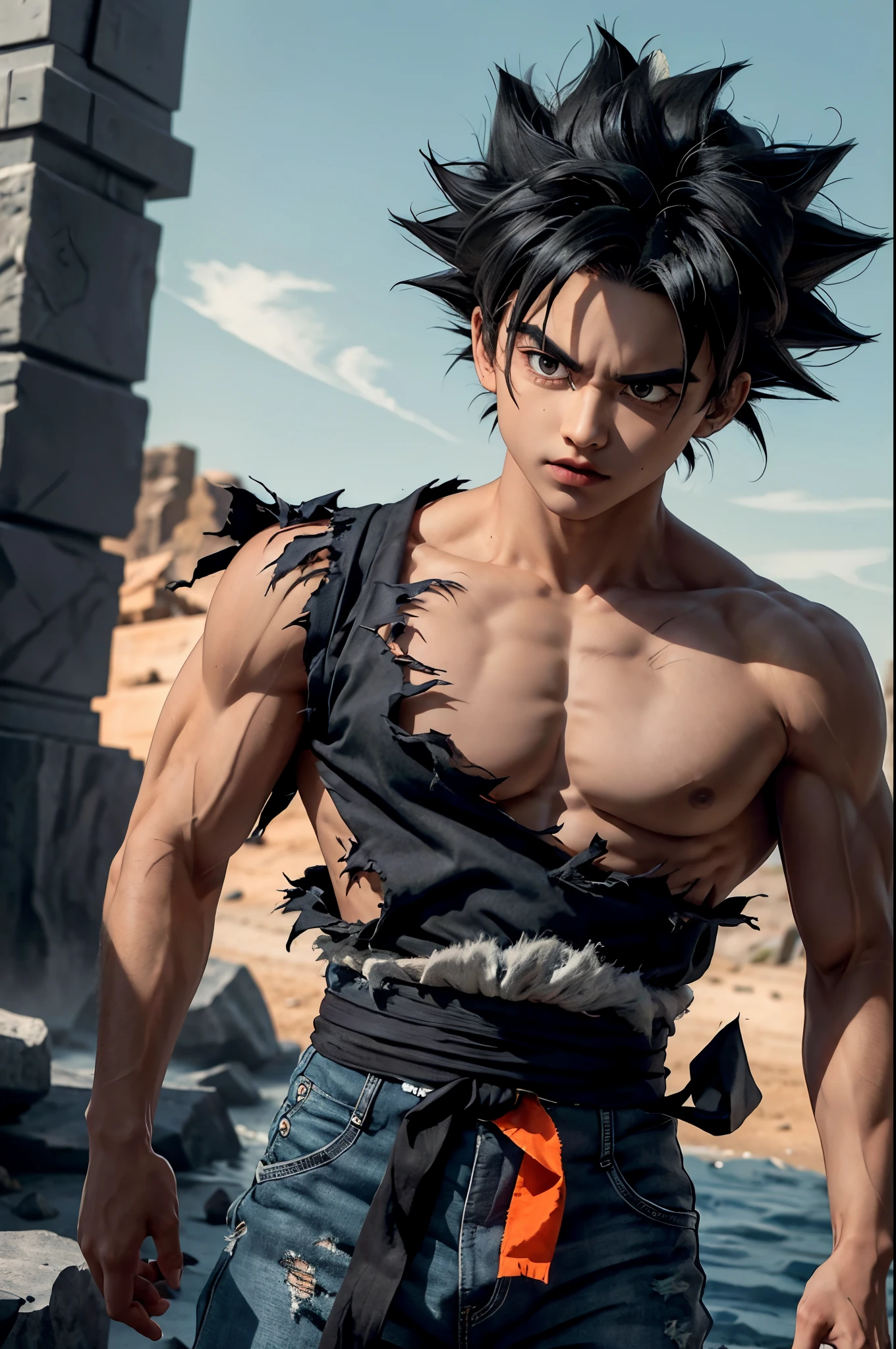 Filho Goku, 1 menino, boca fechada, foco masculino, muscular, macho musculoso, pedra, faixa, Sério, Sozinho, cabelo espetado, homem de topless, roupas rasgadas, ultra instinto, olhos pretos, Cabelo preto, ((obra de arte))