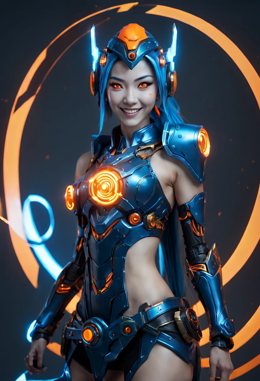 Game character design，3D character rendering，(((pixar-style)))，League of Legends Jinx，((1girl，Blue double ponytail，Red eyes，big laughter，future warrior，Mechanical Warframe，Decorated with luminous lines and rivets，With streamer effect or LED light embellishment，Laser cannon、Ion cannon or pulse cannon))，((hair design：Brilliant deep blue，Add some glowing elements，Futuristic headgear such as orange photoelectric glasses or head-mounted display))，((Expression design：Add some glowing lines or orange LED light effects to the facial decoration，Design different facial expressions，Highlight the image of future warriors))，(action design：On the move、When releasing a skill or attacking，Add some special effects and animations，Highlight the sense of future and combat)，((Special effects design：Add cool orange light effects、Electromagnetic wave effect or virtual interface，Enhance the visual impact of skin)), ((standing on your feet，Metal heels, Glowing lines or orange LED light effect)), (full body shot of: 1.5)，jinx (league of legends)