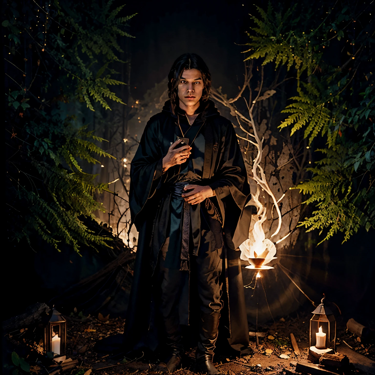 Молодой маг в черных одеждах стоял посреди темного леса., наблюдая за волшебным свитком, разложенным перед ним.