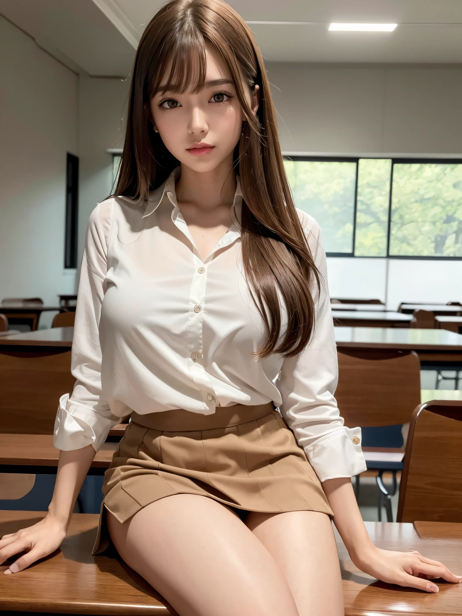 8k,best quality, masterpiece, ultra detailed, ultra high res, photorealistic, raw photo, absurdres, absolutely resolution, ((1girl)), full body ,a Japanese young pretty woman, hyper cute face, glamorous figure, large breasts , long bob hair , (school uniform :1.3),desks ,glossy lips, double eyelids in both eyes, natural makeup, long eyelashes, shiny smooth light brown long bob hair, asymmetrical bangs, shiny skin, central image, high resolution, high detailing, detailed hairstyle, detailed face, spectacular movie lighting, octane rendering, vibrant, hyper realistic, perfect limbs, perfect anatomy