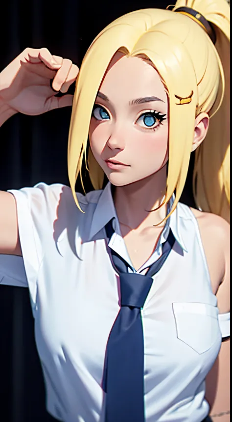 tmasterpiece， Best quality， 1个Giant Breast Girl，ino yamanaka， Large breasts，Off-the-shoulder attire，（Chopping)，（Close-up of the upper body)，Raised sexy，Very shy，，with yellow hair， long yellow hair， （ eyeballs:1.4)， Forehead protection， school,Indonesian hi...