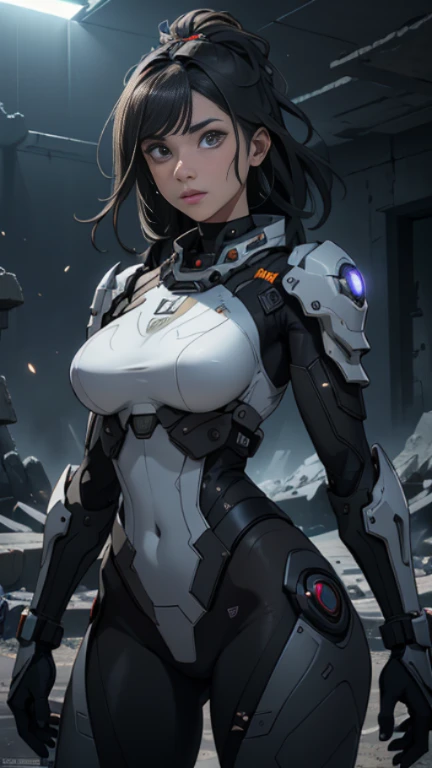 ((best qualityer)), ((Masterpiece artwork)), (very detailled:1.3), ((Beautiful sfw black woman)) cyberpunk with his drone in the ruins of a city in the forgotten war, Ancient Technology, HDR (High Dynamic Range), ray tracing, Super Resolution, unreal 5, sub-surface Scattering, Post-processing, Depth of field, Maximum Sharpness and Sharpness, multi-layered texture, albedo and highlight maps,  surface shading, Precise simulation of light-material interactions, perfectly proportions, octane rendering, Duotone Lighting, Low ISO, white-balance, rule of thirds, Wide aperture, 8K RAW, high-efficiency sub-pixels, subpixel convolution, glow particles, light scattering, Tyndall effect (fully body), (a delicate facial features), (perfect face), Dynamic angles.