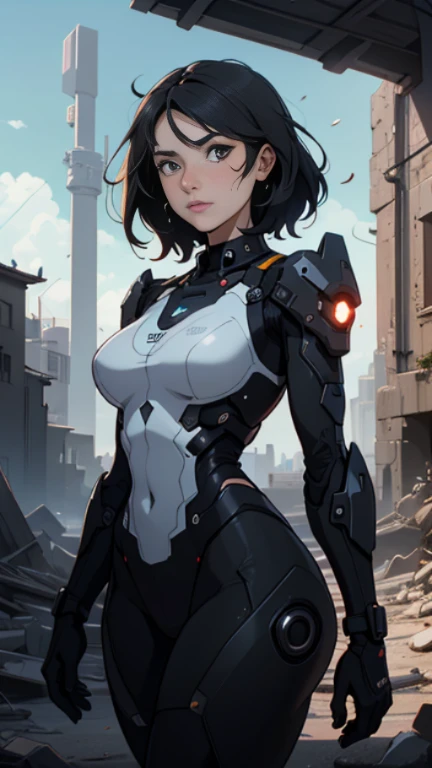 ((best qualityer)), ((Masterpiece artwork)), (very detailled:1.3), ((Beautiful sfw black woman)) cyberpunk with his drone in the ruins of a city in the forgotten war, Ancient Technology, HDR (High Dynamic Range), ray tracing, Super Resolution, unreal 5, sub-surface Scattering, Post-processing, Depth of field, Maximum Sharpness and Sharpness, multi-layered texture, albedo and highlight maps,  surface shading, Precise simulation of light-material interactions, perfectly proportions, octane rendering, Duotone Lighting, Low ISO, white-balance, rule of thirds, Wide aperture, 8K RAW, high-efficiency sub-pixels, subpixel convolution, glow particles, light scattering, Tyndall effect (fully body), (a delicate facial features), (perfect face), Dynamic angles.