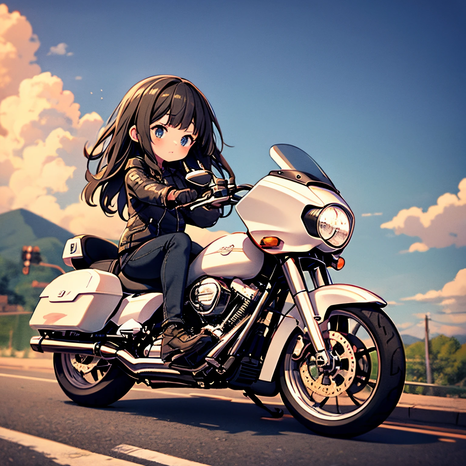 ​masterpiece、A cute girl riding a Harley-Davidson Road Glide™ Limited、route 66 touring、细致背景、Chibi