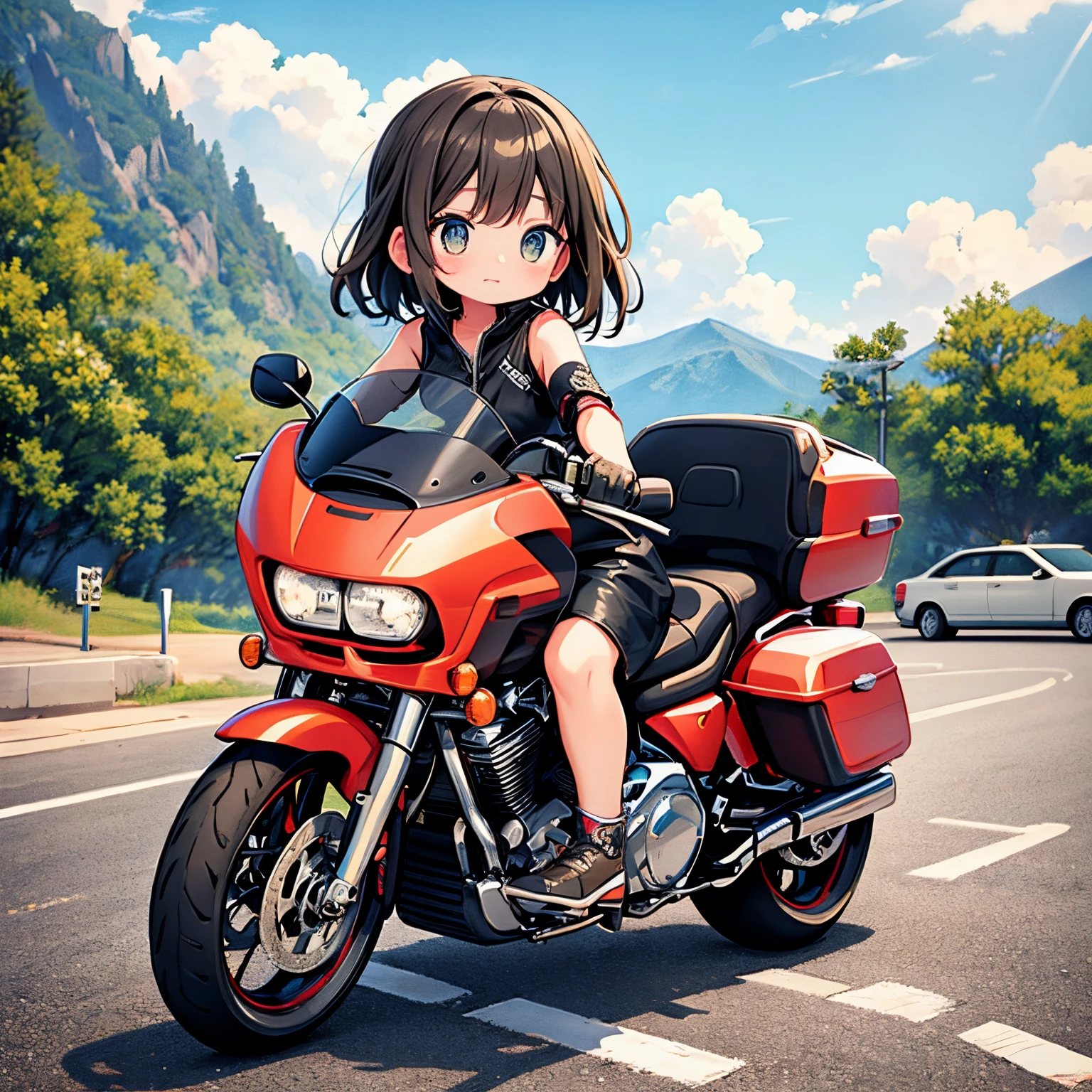 傑作、一個可愛的女孩騎著哈雷戴維森 Road Glide™ Limited、66号公路旅游、細緻背景、赤壁