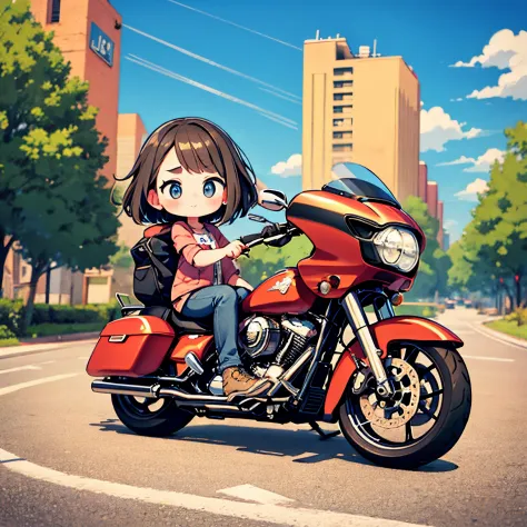​masterpiece、Cute girl riding a Harley-Davidson 2023 Road Glide™ 3、route 66 touring、Chibi,Cute