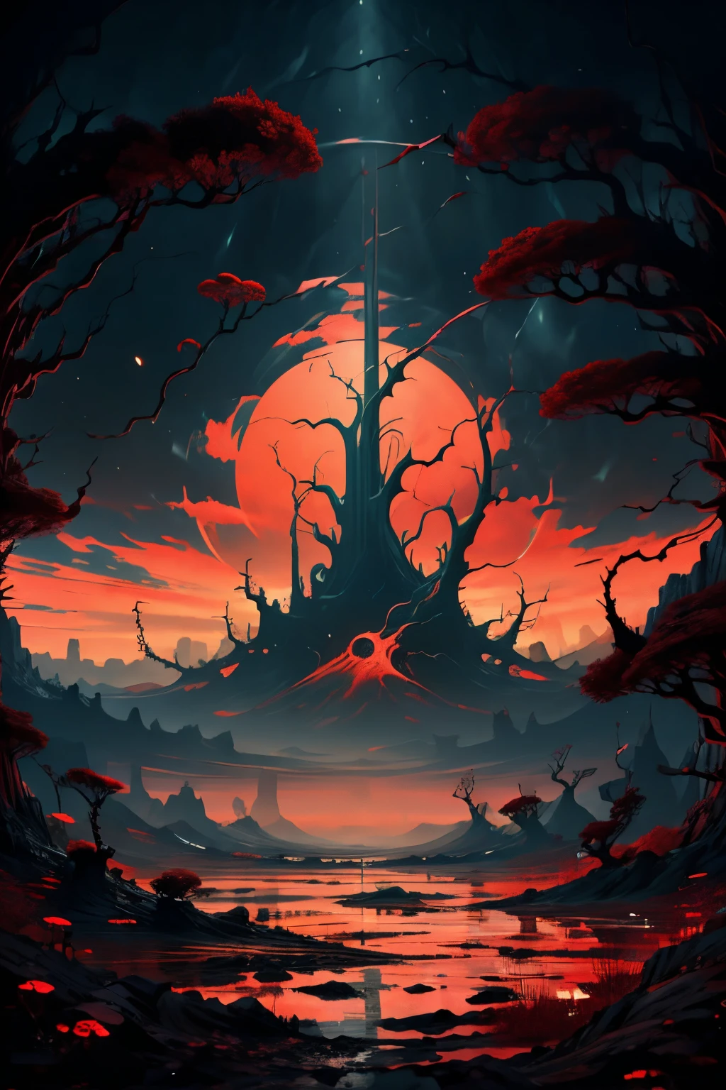 Generate an illustration of a chaotic world, the sky is a red expansive void, covered with criss-crossing black lines and swirling shapes, oceans of black ink-like substance. the flat landscape is infested with jumbled roots and the trees are twisted in chaotic, hellish forms with blades of grass and vines. Masterpiece, 8k, high resolution, highly detailed.