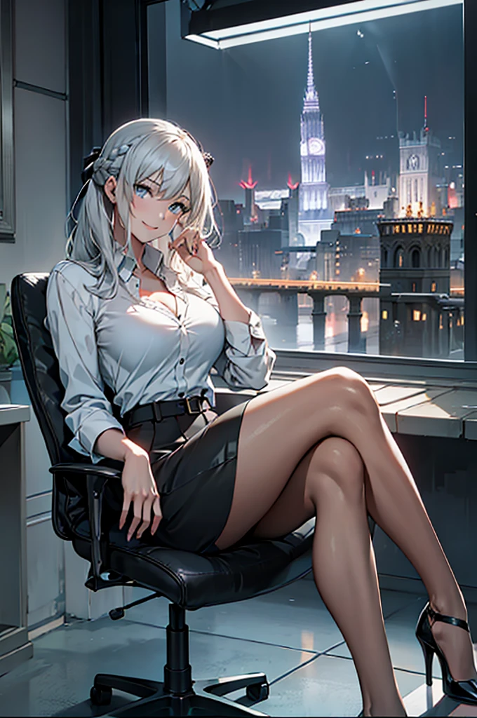 （Enrich the picture，Masterpiece level quality）Beautiful 8K CG artwork,1girl,solo,morgan le fay (fate),detailed face, perfect face, perfect eyes,blue eyes,smile, Long Hair, pony tail,Very long hair, big boob, black bow, white shirt,looking at viewer,Hair Bow, thights,side locks, French braid, grey hair,Goddess-like posture,Kneeling exercise,Slim and soft,Translucent skin,big breasts,