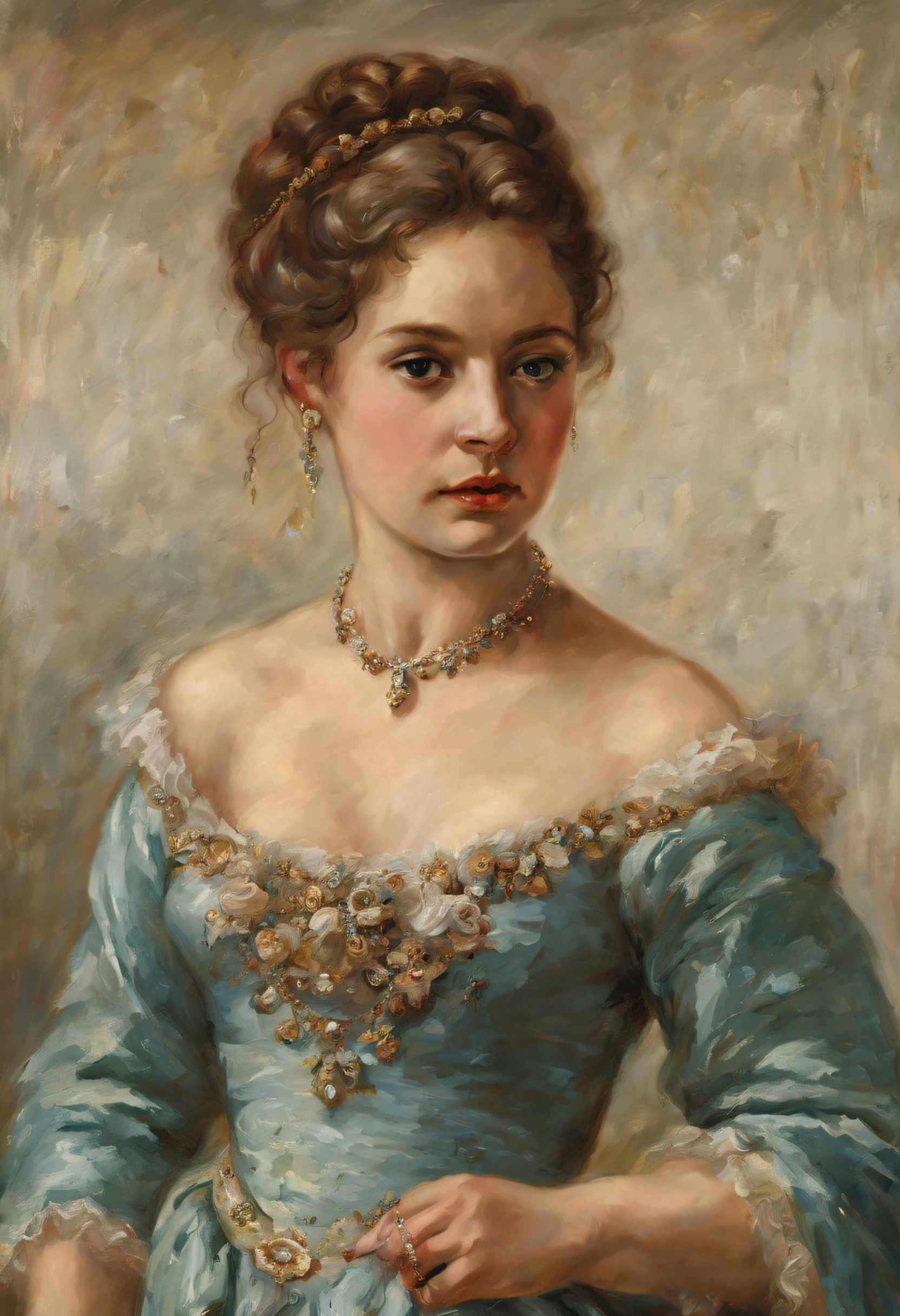 Portrait of a beautiful young woman in oil painting in the style of Eugene von Blaas, (in a ball gown), with diamond necklace, ((with luxurious hair))