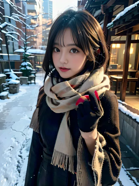 It's snowing、Christmas Cityscape、Winter Outfit、Portrait of a woman in a scarf and gloves, top-quality、hyper HD、奈良美智, Japanese Mo...