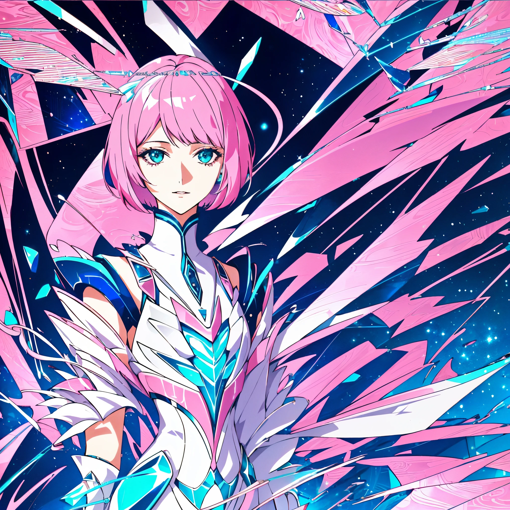 phosphophyllite, phos, short_hair, bob cut hairstyle, pink_hair, shiny_hair, (mature face:1.4), portrait, regal, robe, intricated, detailed,  cyberpunk,  splash screen, swirling background