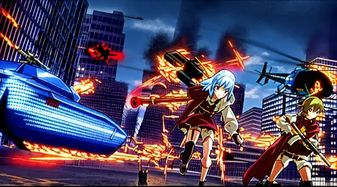 anime characters in a city with a helicopter and a tank, anime machine gun fire, blue archive, blue archive style, fine details. blue archive, pc screenshot, from the gta 5 videogame, blue archive style, blue archive, video game screenshot>, saori blue arc...