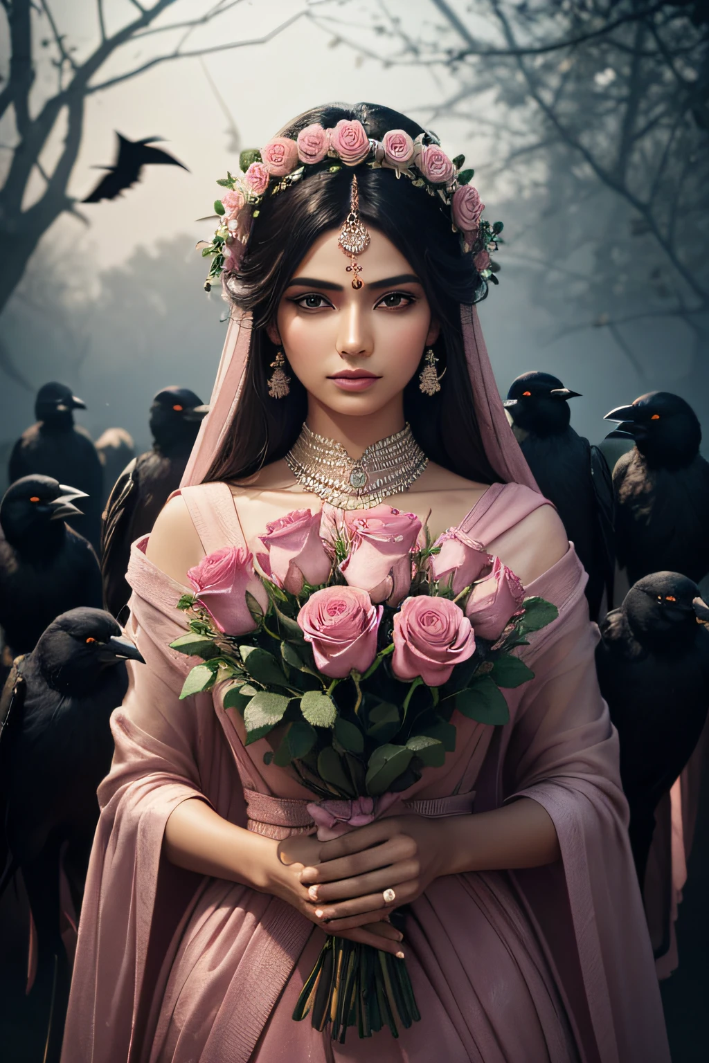 An incredibly detailed close up macro beauty photo of an indian model, hands holding a bouquet of pink roses, surrounded by scary crows from hell. Shot on a Hasselblad medium format camera with a 100mm lens. Unmistakable to a photograph. Cinematic lighting. Photographed by Tim Walker, trending on 500px –ar 4:5 –s 750 –niji 5 –v 5 –q2