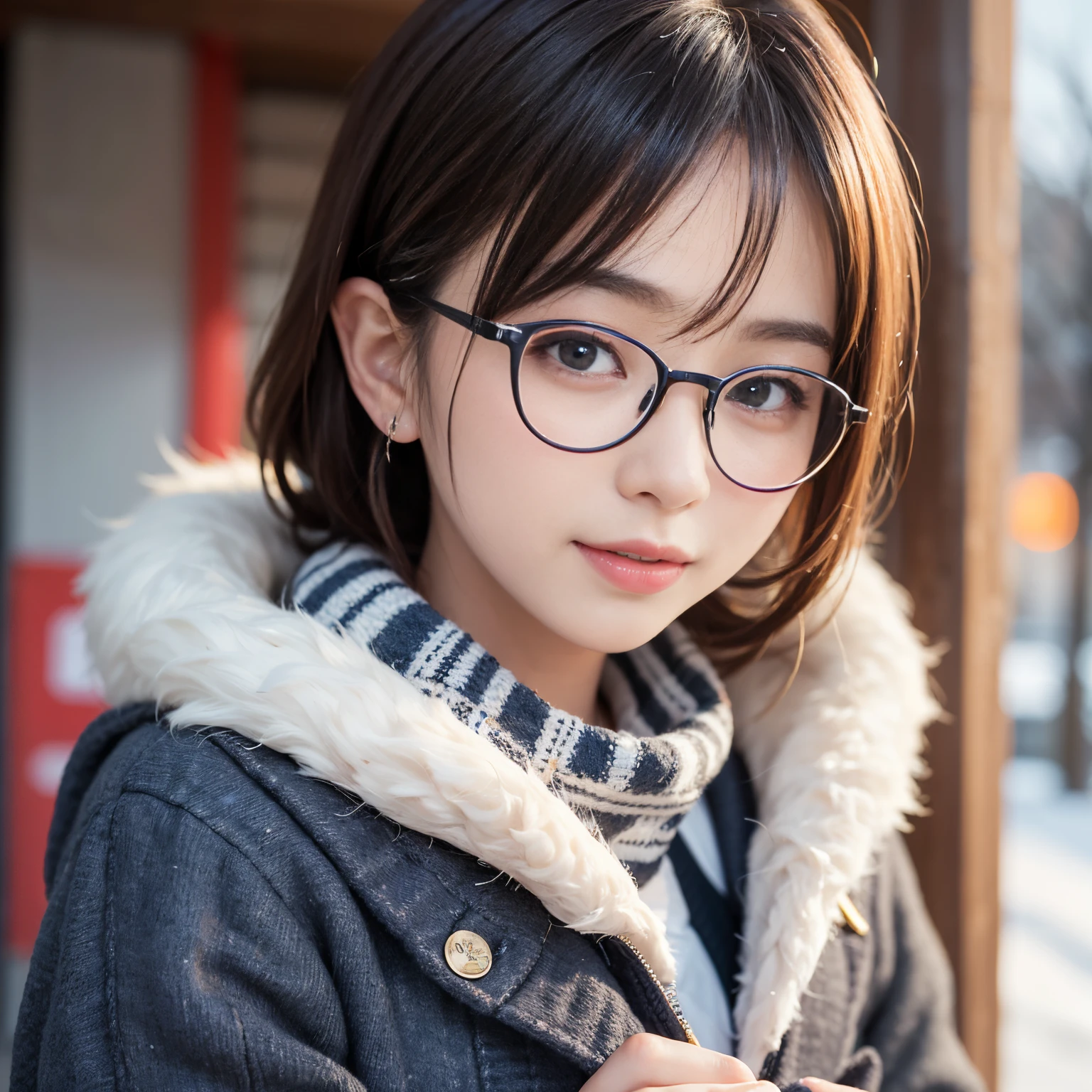 Best-quality, Masterpiece, Ultra-High-Resolution, (Photorealistic:1.4), Raw-Photo, Extremely-Details, Perfect-Anatomy, 

in winter schoolyard, 

1girl, the most popular Japanese idol, (wearing Japanese high-school winter uniform, muffler with cute design, glasses with cute design), face focus, close-up, innocent smile, looking at viewer, 
extremely cute face like a most famous Japanese idol, extremely beautiful big black solid eyes, extremely beautiful blonde short-cut-haired, extremely beautiful realistic white skins, extremely beautiful wet lips, 

detailed glasses, detailed Japanese high-school winter uniform, detailed muffler with cute design